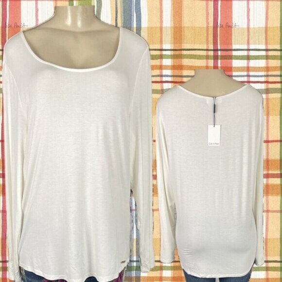 Calvin Klein XL Eggshell Semi-Sheer Scoop Neck Logo Bar Rayon Long Sleeve Top - Picture 1 of 6